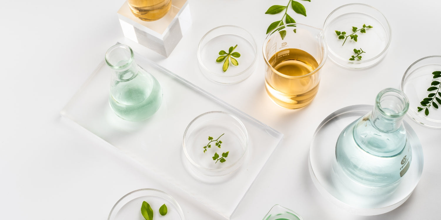 Frascos de laboratorio con líquidos y hojas verdes, representando ingredientes naturales para cosmética en fondo claro.