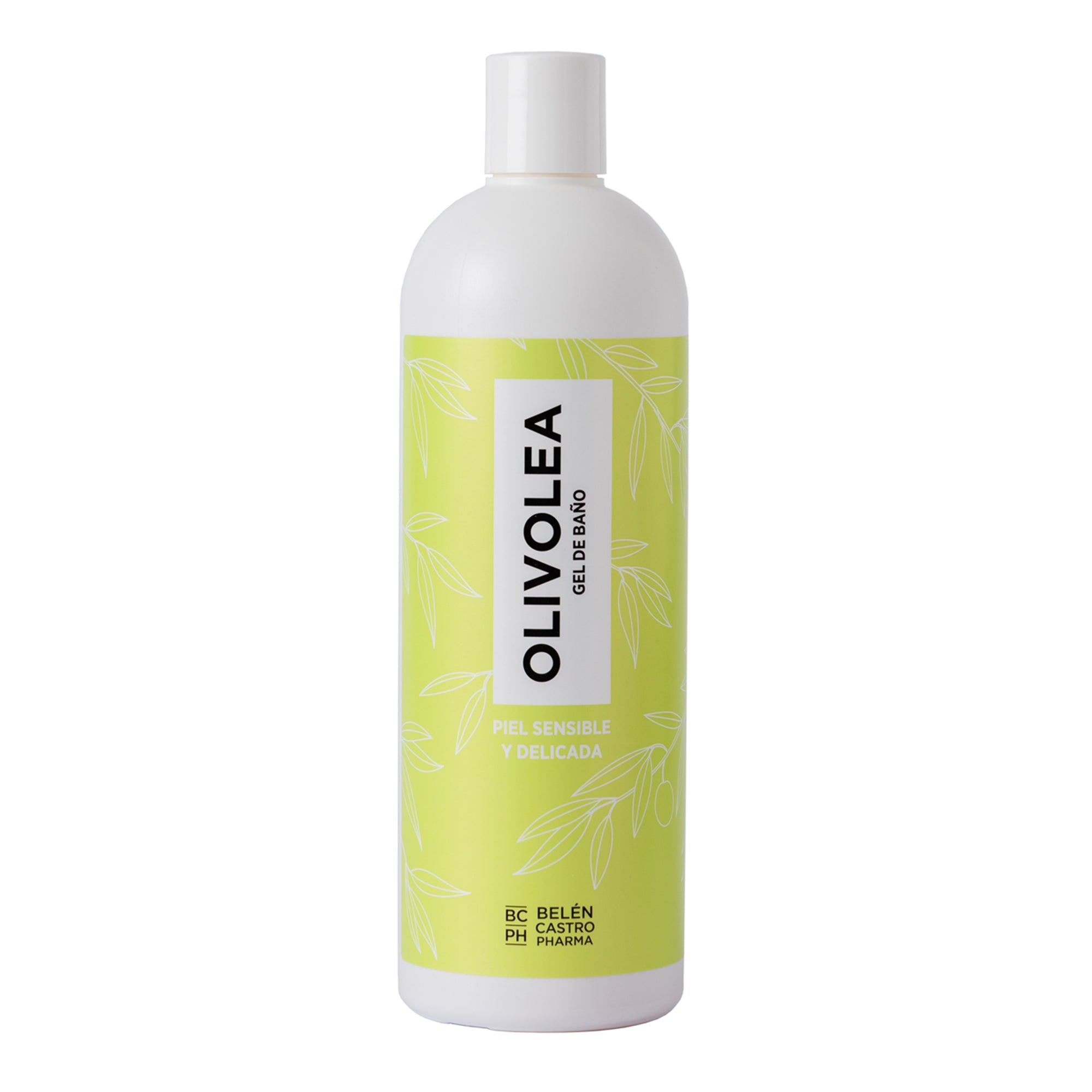 Envase de crema Olivolea Gel de Baño en color verde, fondo blanco, diseño con ilustraciones de hojas.