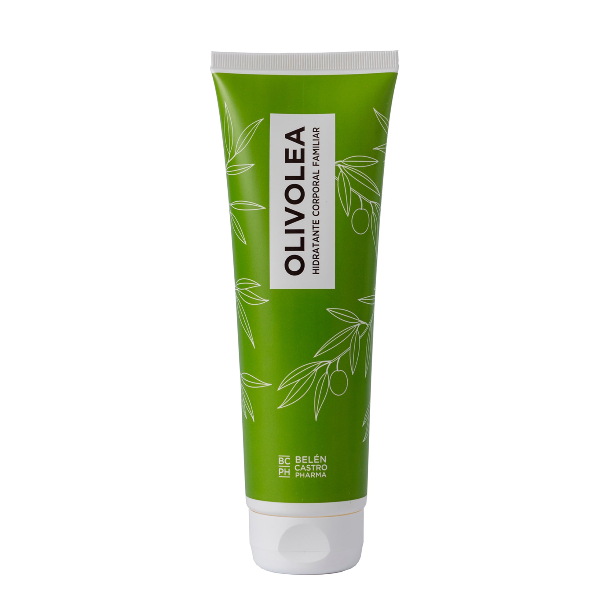 Envase de crema Olivolea Hidratante Corporal Familiar desde sección trasera exponiendo las características de del producto