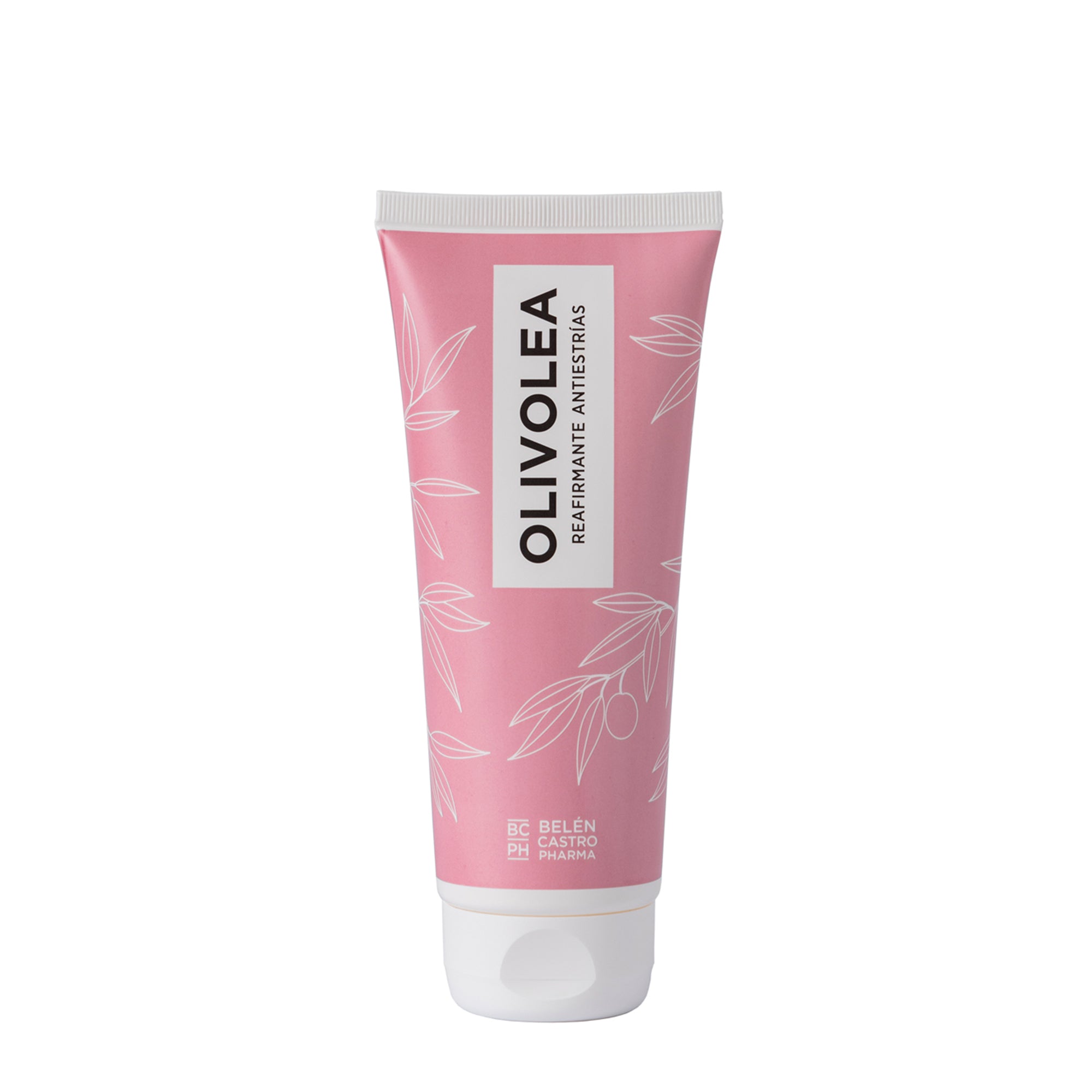 Envase de crema Olivolea reafirmante antiestrías en color rosa, fondo blanco, diseño con ilustraciones de hojas.